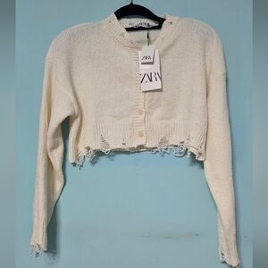 ZARA Cream Distressed Cropped Knit Cardigan